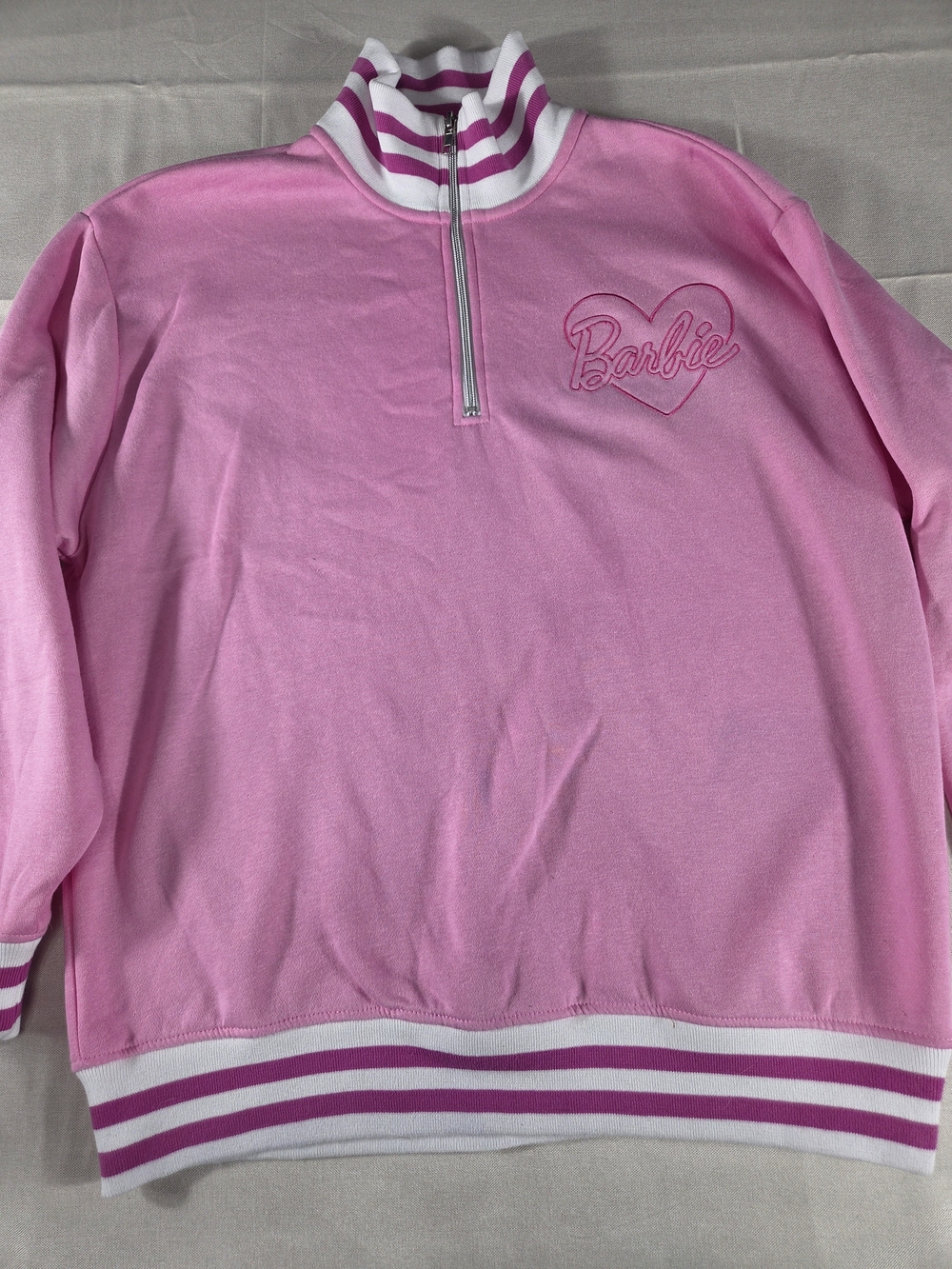 Barbie Pink Quarter Zip Sweatshirt Womens Large Embroidered Logo Mock Neck